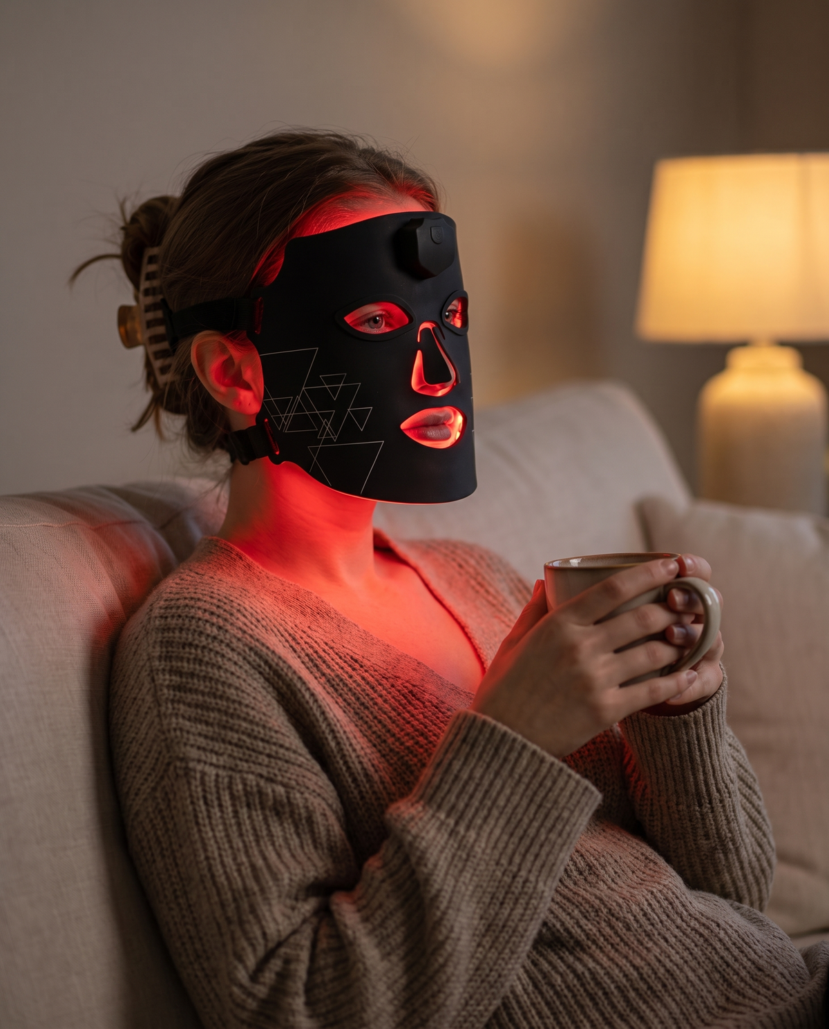 Woman relaxing on the sofa wearing the GlowNest LED mask