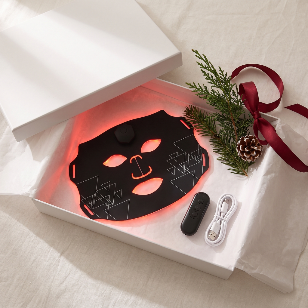 GlowNest LED mask in a holiday gift box with controller and USB-C cable
