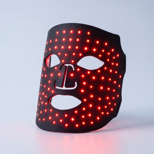 GlowNest black silicone LED face mask glowing red